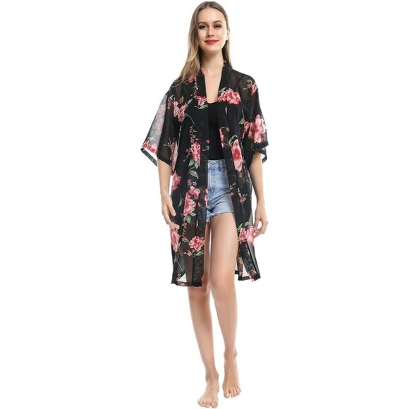 Women’s Chiffon Kimono Bathing Open Front Duster Kimono Beach Cover Up - Picture 3 of 7